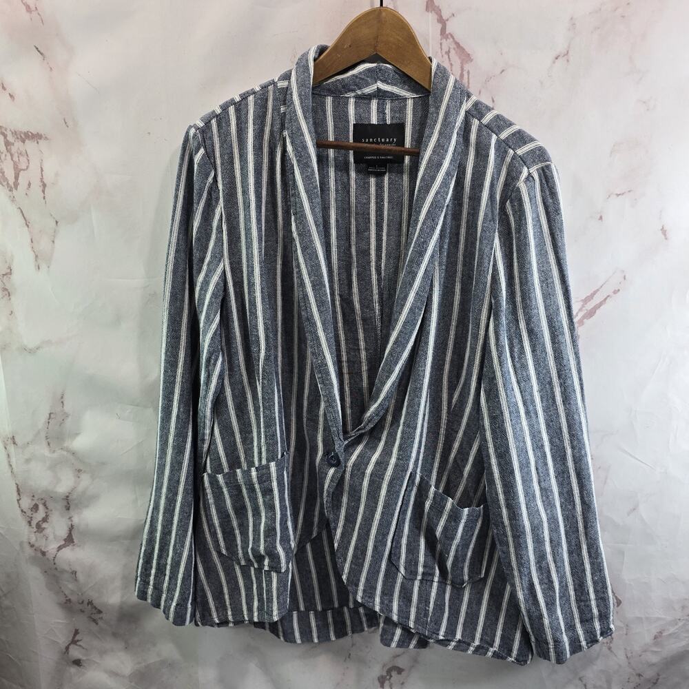 Anthropologie Blazer Womens Large Blue Striped Linen Jacket Sanctuary Summer